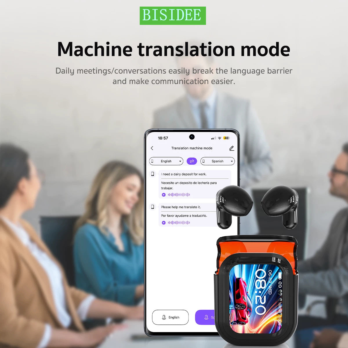Écouteurs sans fil Bluetooth avec écran couleur, noir ou blanc métallisé