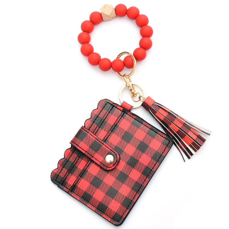 Porte-cartes avec bracelet porte-clés à perles et pompon