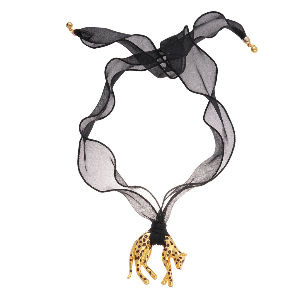 Collier long doré à pendentif léopard