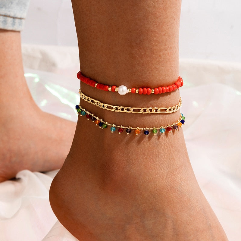 BRACELETS DE CHEVILLE EN PERLES COLORÉES BOHO