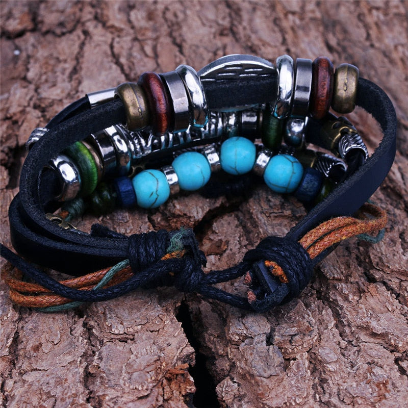 BRACELET MULTICOUCHE VINTAGE EN CUIR FAIT À LA MAIN