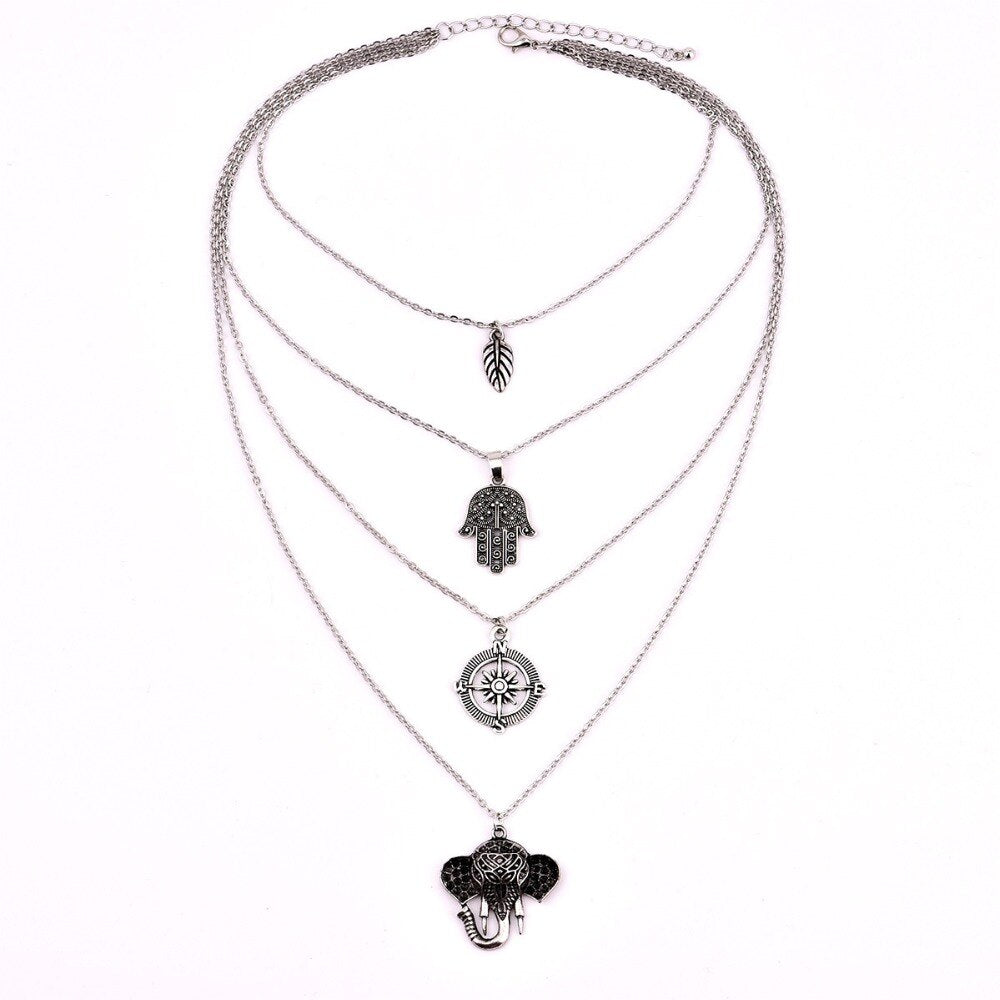COLLIER BOHÊME FEUILLES MAIN BOUSSOLE ÉLÉPHANT