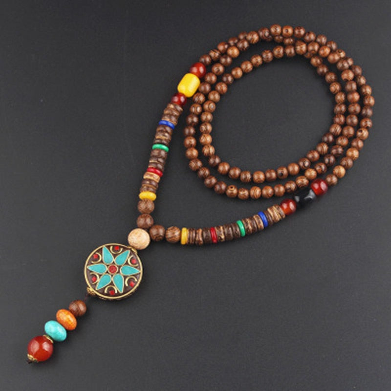 LONG PENDENTIF ET COLLIER PERLÉS EN BOIS DE MALA