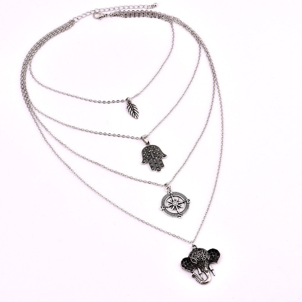 COLLIER BOHÊME FEUILLES MAIN BOUSSOLE ÉLÉPHANT