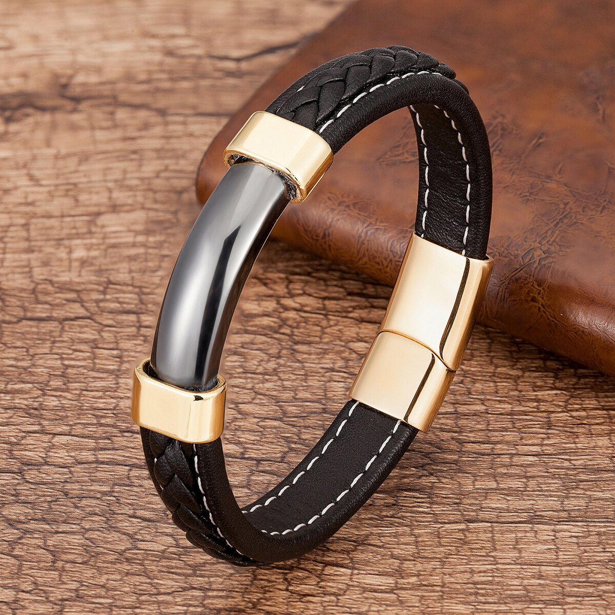 BRACELET DE LUXE NOIR EN CUIR VÉRITABLE