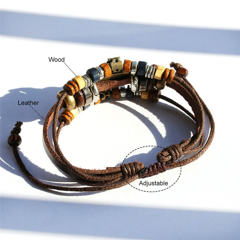 BRACELET MULTICOUCHE VINTAGE EN CUIR FAIT À LA MAIN