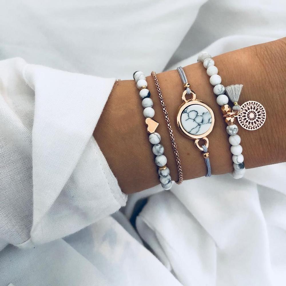 SET OF 4 CHAIN ​​BRACELETS WITH STONE BEADS 