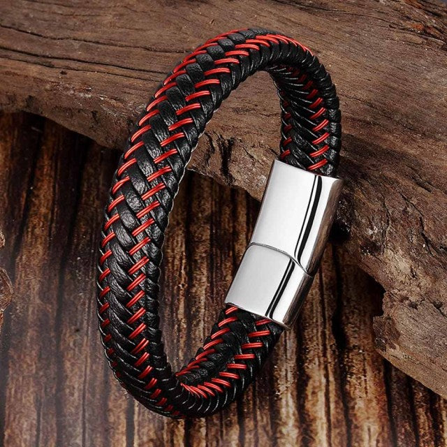 BRACELET EN CUIR TRESSE ROUGE ET NOIR - BOSSOUASHOP