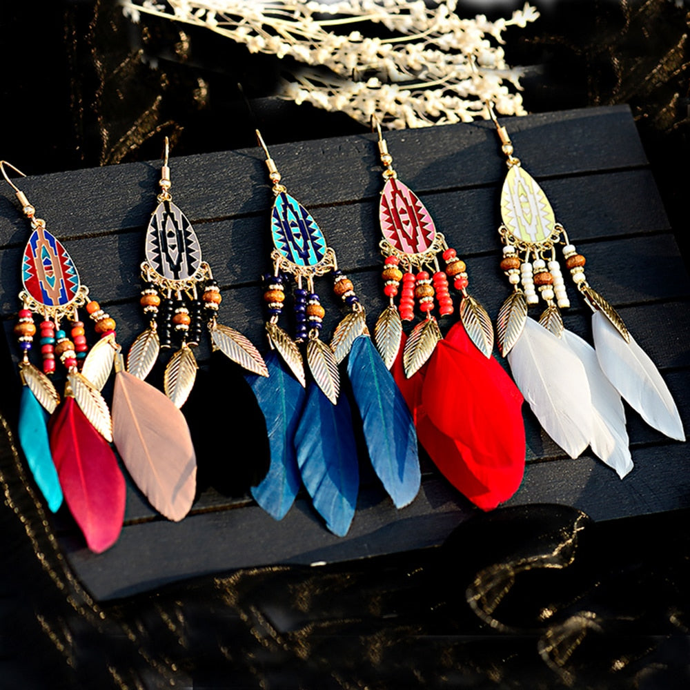 BOUCLES D'OREILLES BOHEMIENNES EN PLUMES - BOSSOUASHOP