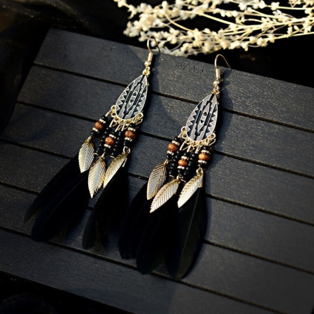 BOUCLES D'OREILLES BOHEMIENNES EN PLUMES - BOSSOUASHOP