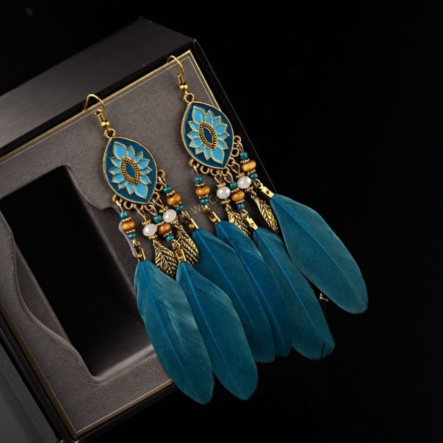 BOUCLES D'OREILLES BOHEMIENNES EN PLUMES - BOSSOUASHOP