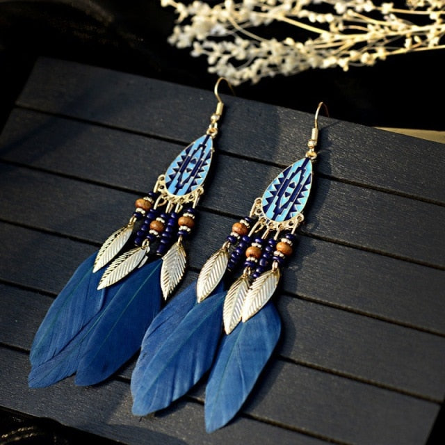 BOUCLES D'OREILLES BOHEMIENNES EN PLUMES - BOSSOUASHOP