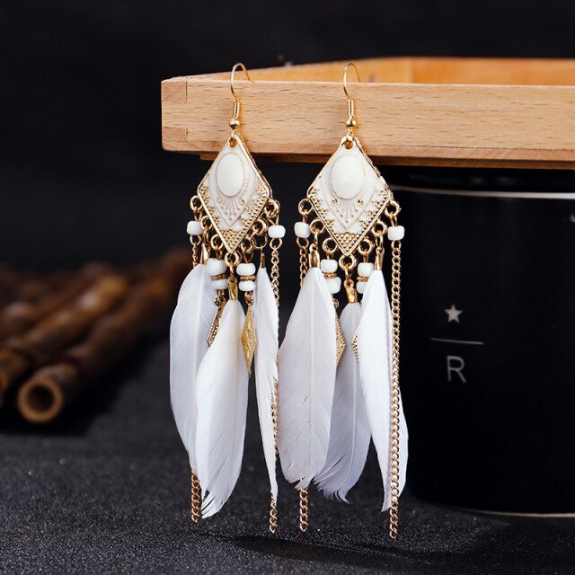 BOUCLES D'OREILLES BOHEMIENNES EN PLUMES - BOSSOUASHOP