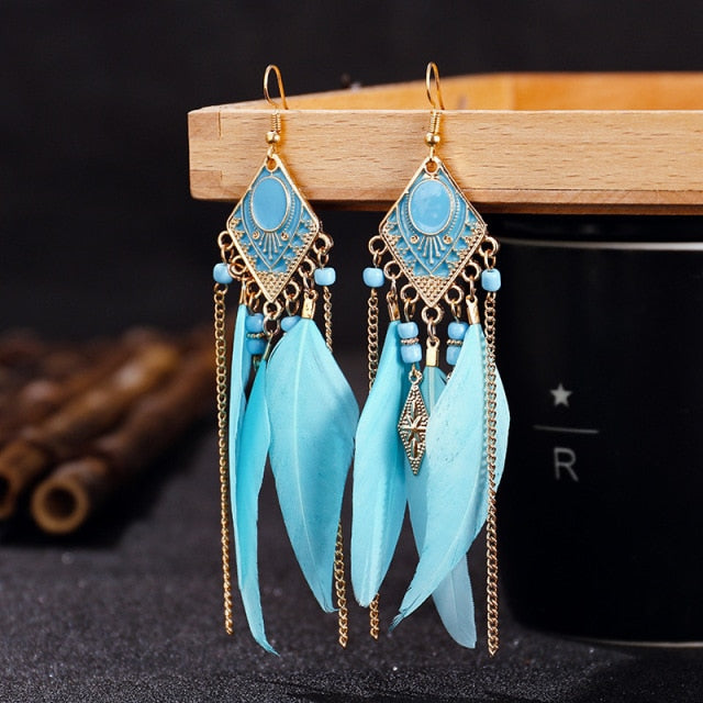 BOUCLES D'OREILLES BOHEMIENNES EN PLUMES - BOSSOUASHOP