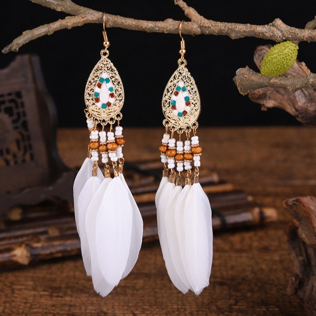 BOUCLES D'OREILLES BOHEMIENNES EN PLUMES - BOSSOUASHOP