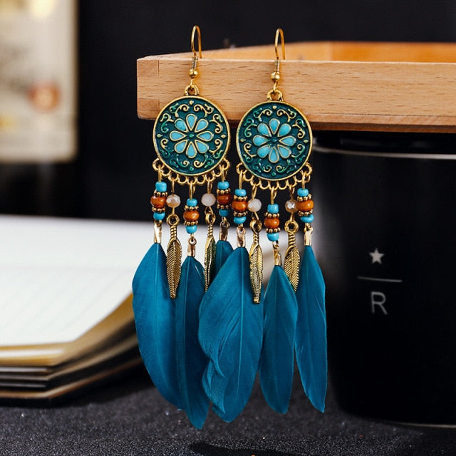 BOUCLES D'OREILLES BOHEMIENNES EN PLUMES - BOSSOUASHOP