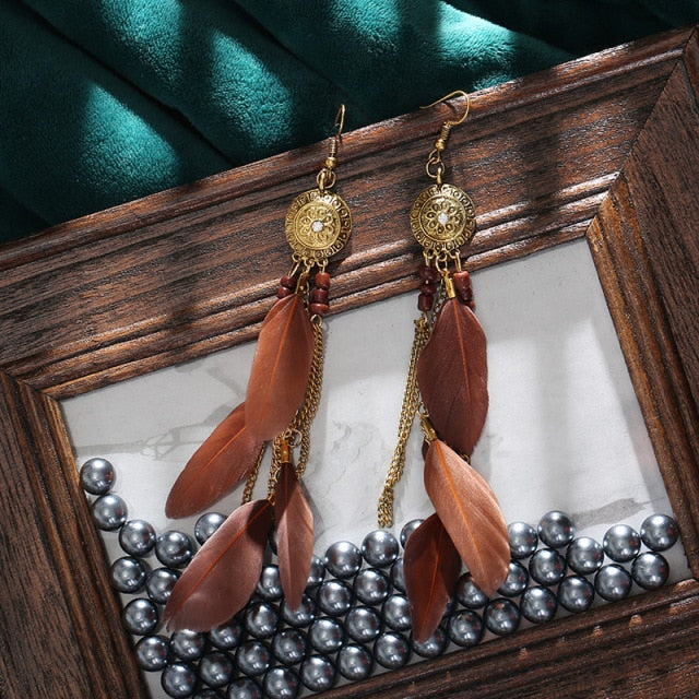 BOUCLES D'OREILLES BOHEMIENNES EN PLUMES - BOSSOUASHOP