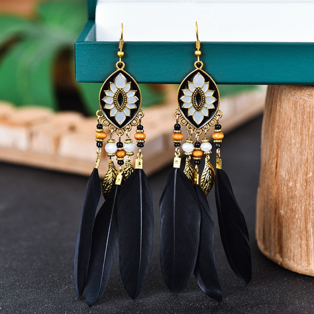 BOUCLES D'OREILLES BOHEMIENNES EN PLUMES - BOSSOUASHOP