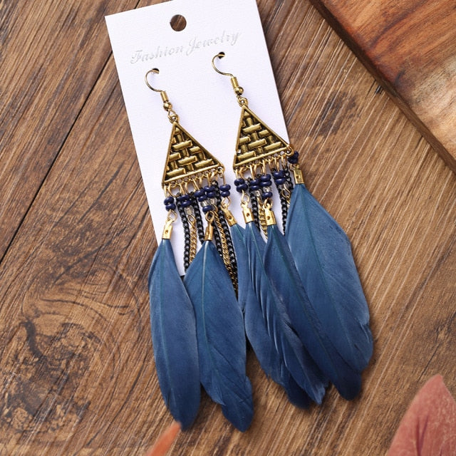 BOUCLES D'OREILLES BOHEMIENNES EN PLUMES - BOSSOUASHOP