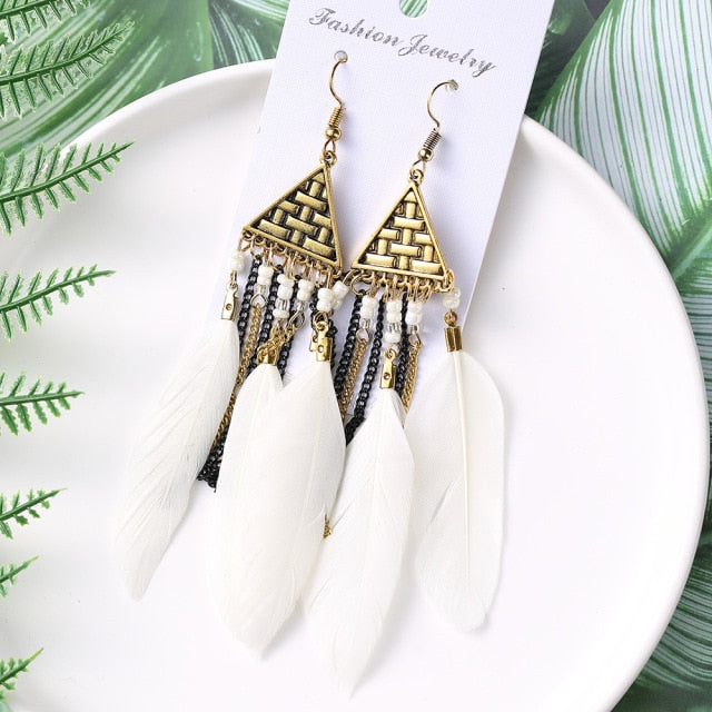 BOUCLES D'OREILLES BOHEMIENNES EN PLUMES - BOSSOUASHOP