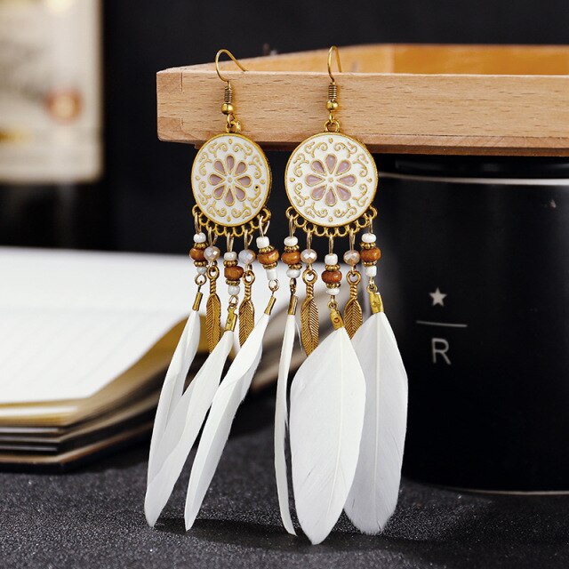 BOUCLES D'OREILLES BOHEMIENNES EN PLUMES - BOSSOUASHOP