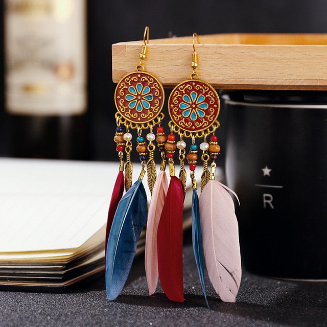 BOUCLES D'OREILLES BOHEMIENNES EN PLUMES - BOSSOUASHOP