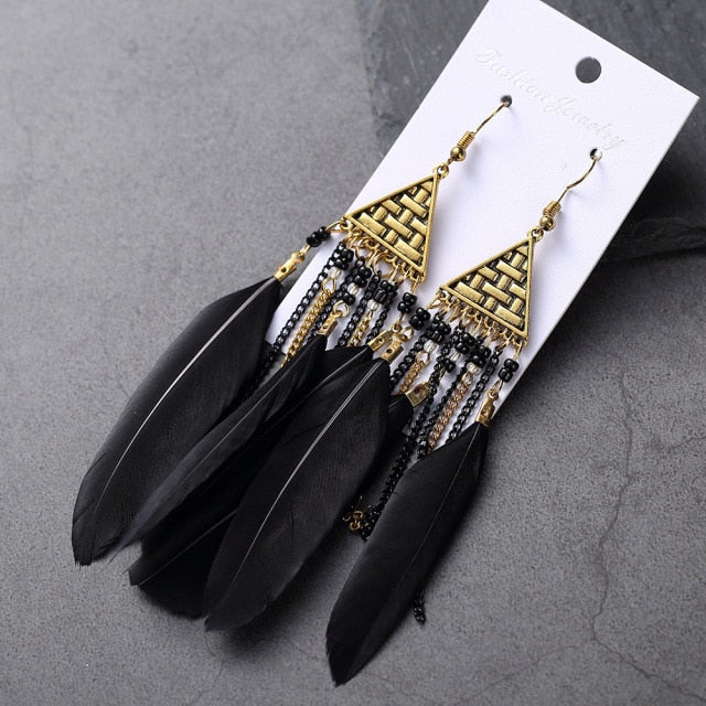 BOUCLES D'OREILLES BOHEMIENNES EN PLUMES - BOSSOUASHOP