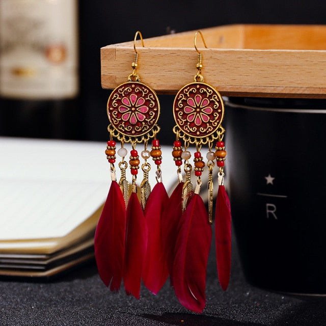 BOUCLES D'OREILLES BOHEMIENNES EN PLUMES - BOSSOUASHOP
