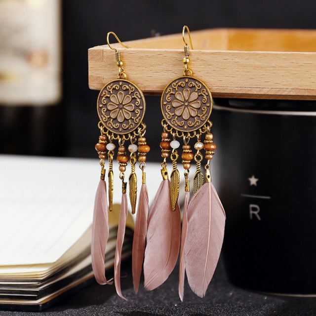 BOUCLES D'OREILLES BOHEMIENNES EN PLUMES - BOSSOUASHOP