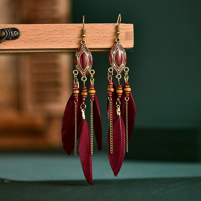 BOUCLES D'OREILLES BOHEMIENNES EN PLUMES - BOSSOUASHOP