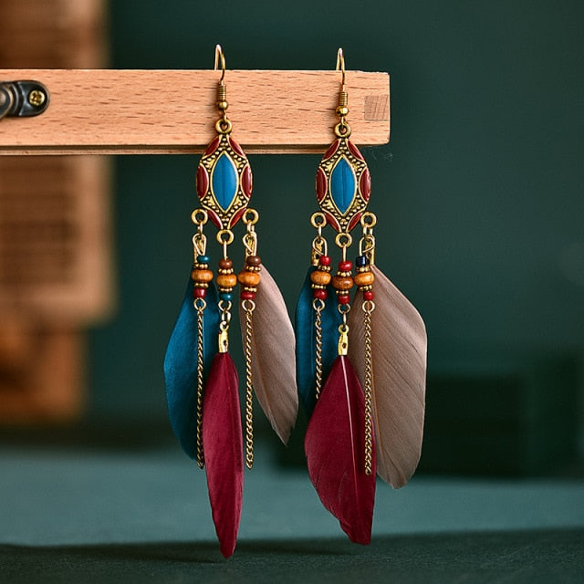 BOUCLES D'OREILLES BOHEMIENNES EN PLUMES - BOSSOUASHOP