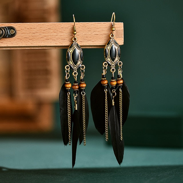 BOUCLES D'OREILLES BOHEMIENNES EN PLUMES - BOSSOUASHOP