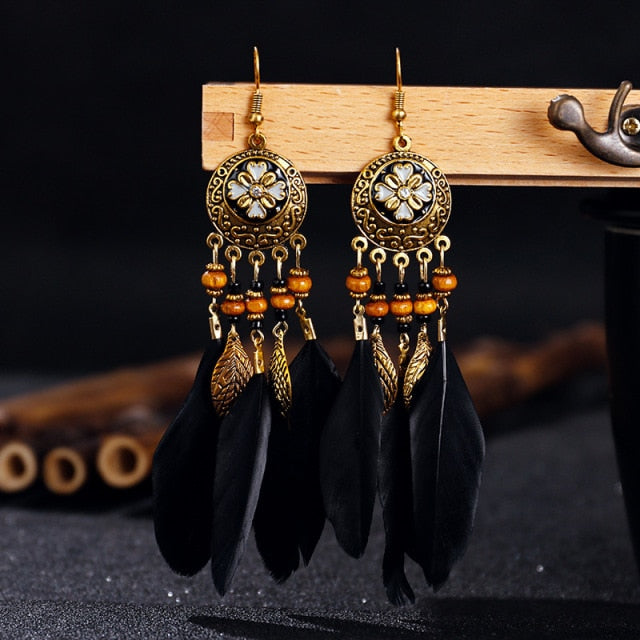 BOUCLES D'OREILLES BOHEMIENNES EN PLUMES - BOSSOUASHOP