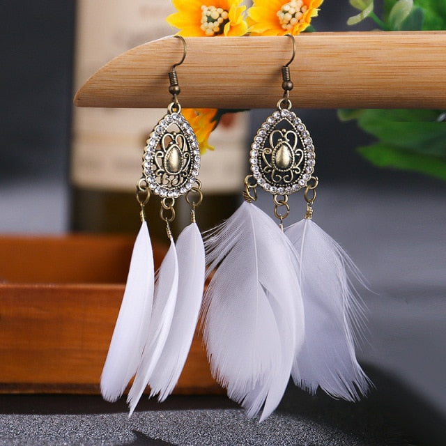 BOUCLES D'OREILLES BOHEMIENNES EN PLUMES - BOSSOUASHOP