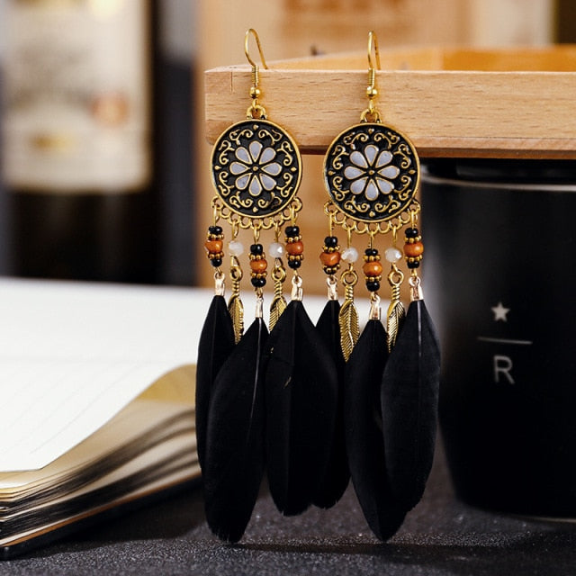 BOUCLES D'OREILLES BOHEMIENNES EN PLUMES - BOSSOUASHOP